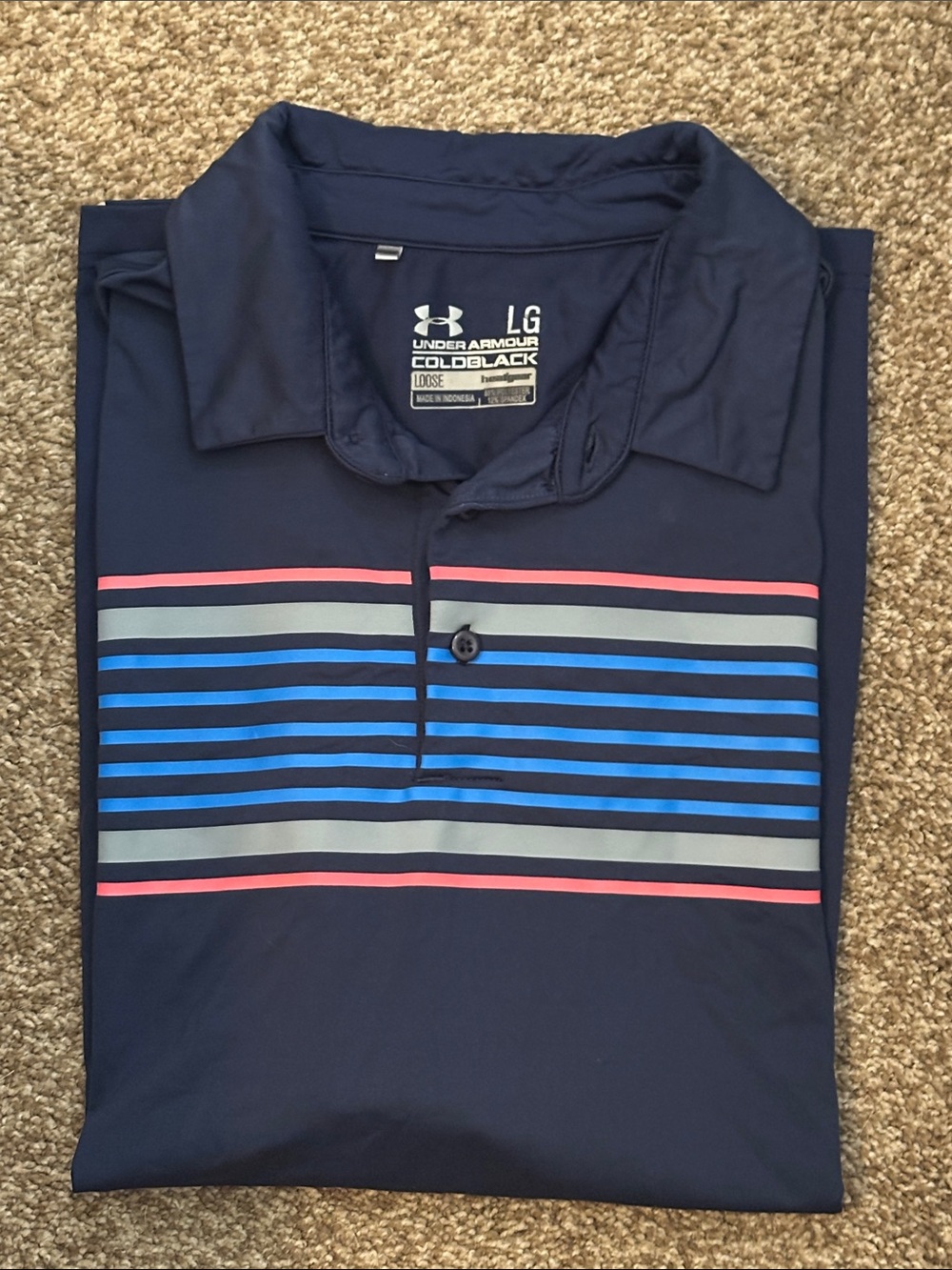 Under Armour Men’s Navy Polo with Blue and Pink Stripe Chest
